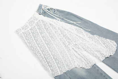 White Lace Crochet Patchwork Wide Leg Jeans Asymmetric Tie Waist Light Wash Denim Romantic Y2K