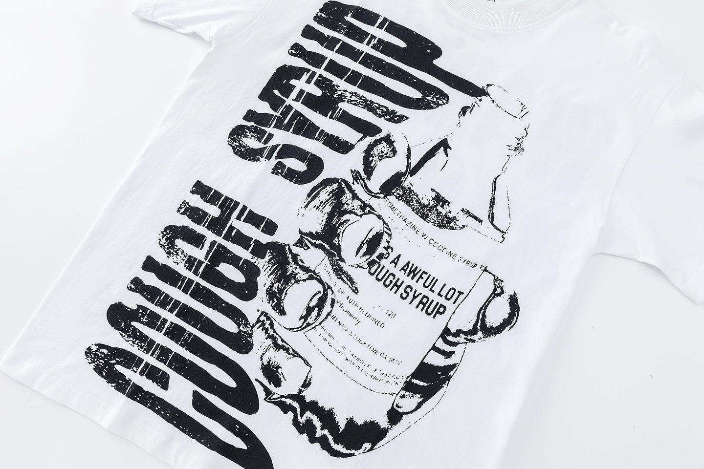 White crew neck graphic T-shirt with short sleeves and bold black printed artwork - view 6