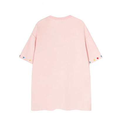 Geesas Plaid Cat Graphic Embroidered Heart Tee Oversized Short Sleeve Cute Kawaii Streetwear Y2K Summer T-Shirt | Kitty Heart