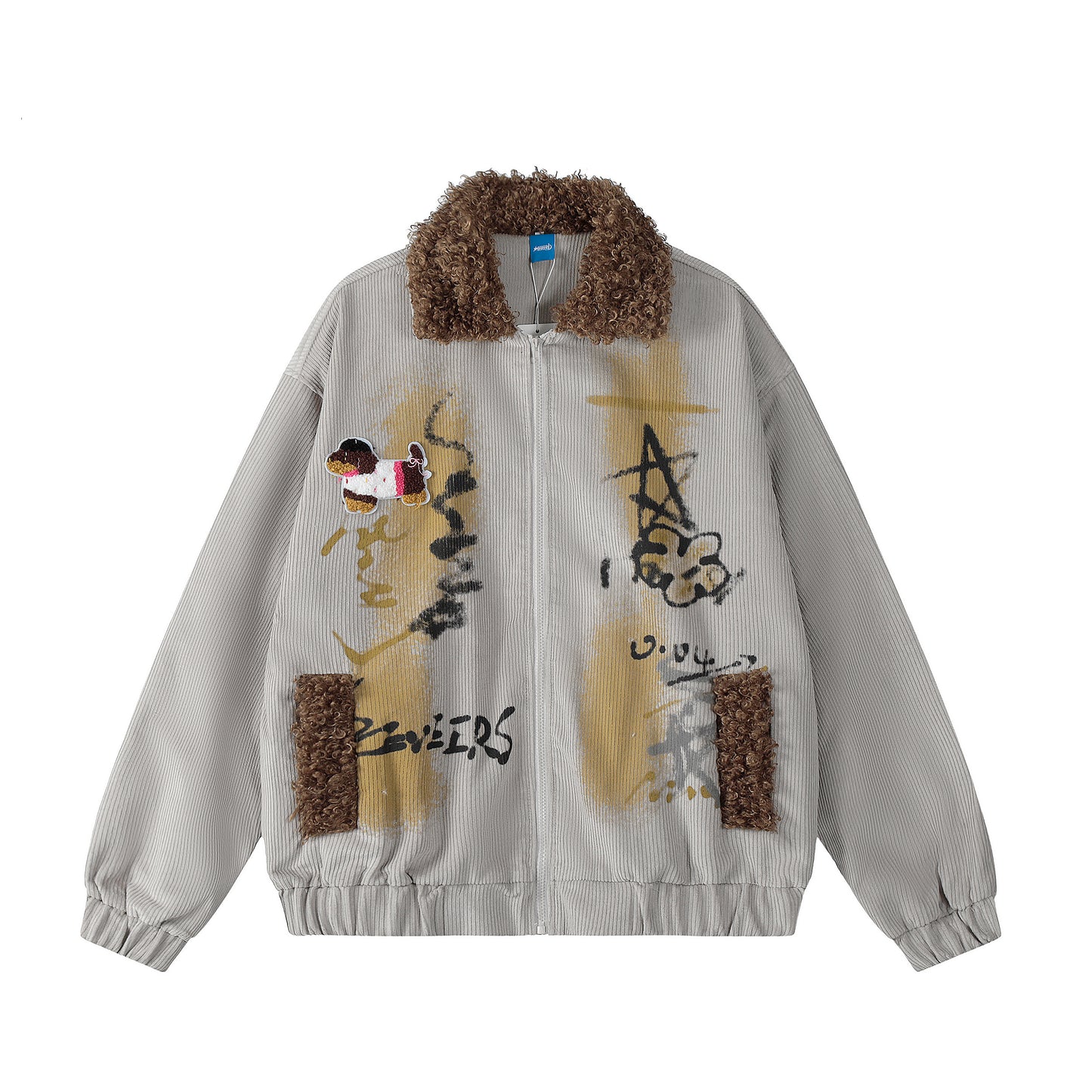 Seveers Graffiti Dog Patch Curly Fur Collar Corduroy Bomber - Light Green Back