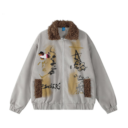 Seveers Graffiti Dog Patch Curly Fur Collar Corduroy Bomber Jacket Oversized Streetwear Y2K