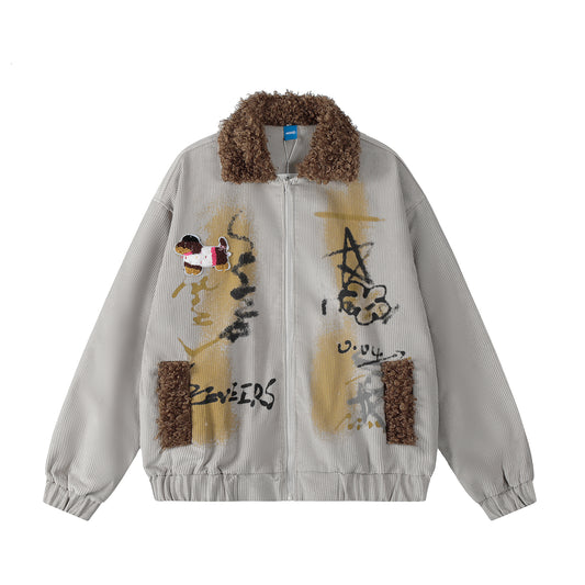 Seveers Graffiti Dog Patch Curly Fur Collar Corduroy Bomber - Light Green Back
