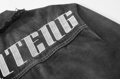 Oversized Two-Tone Denim Jacket Chain Detail Washed Vintage Streetwear Casual Fall Outerwear