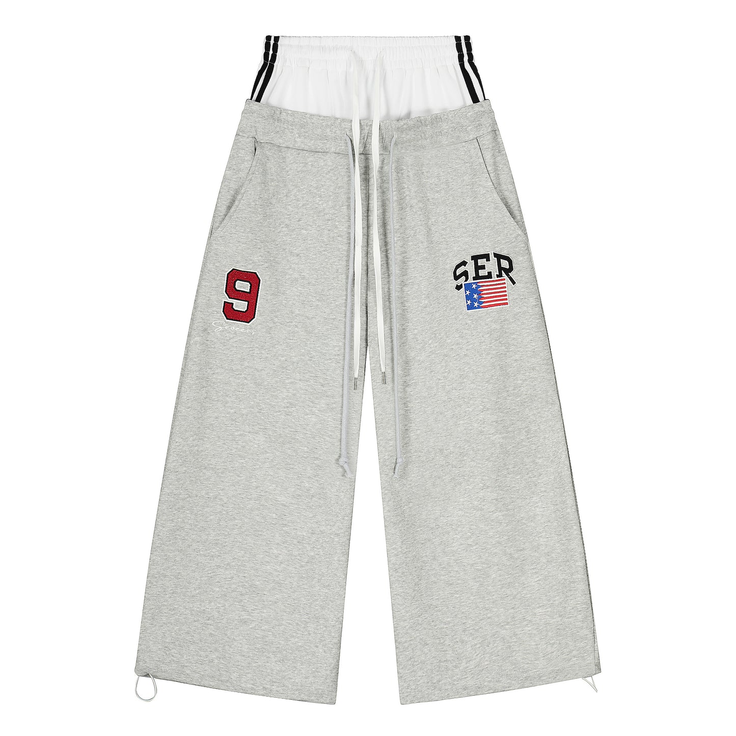 SER Number 9 Flag Embroidery Wide Leg Sweatpants - Gray Front