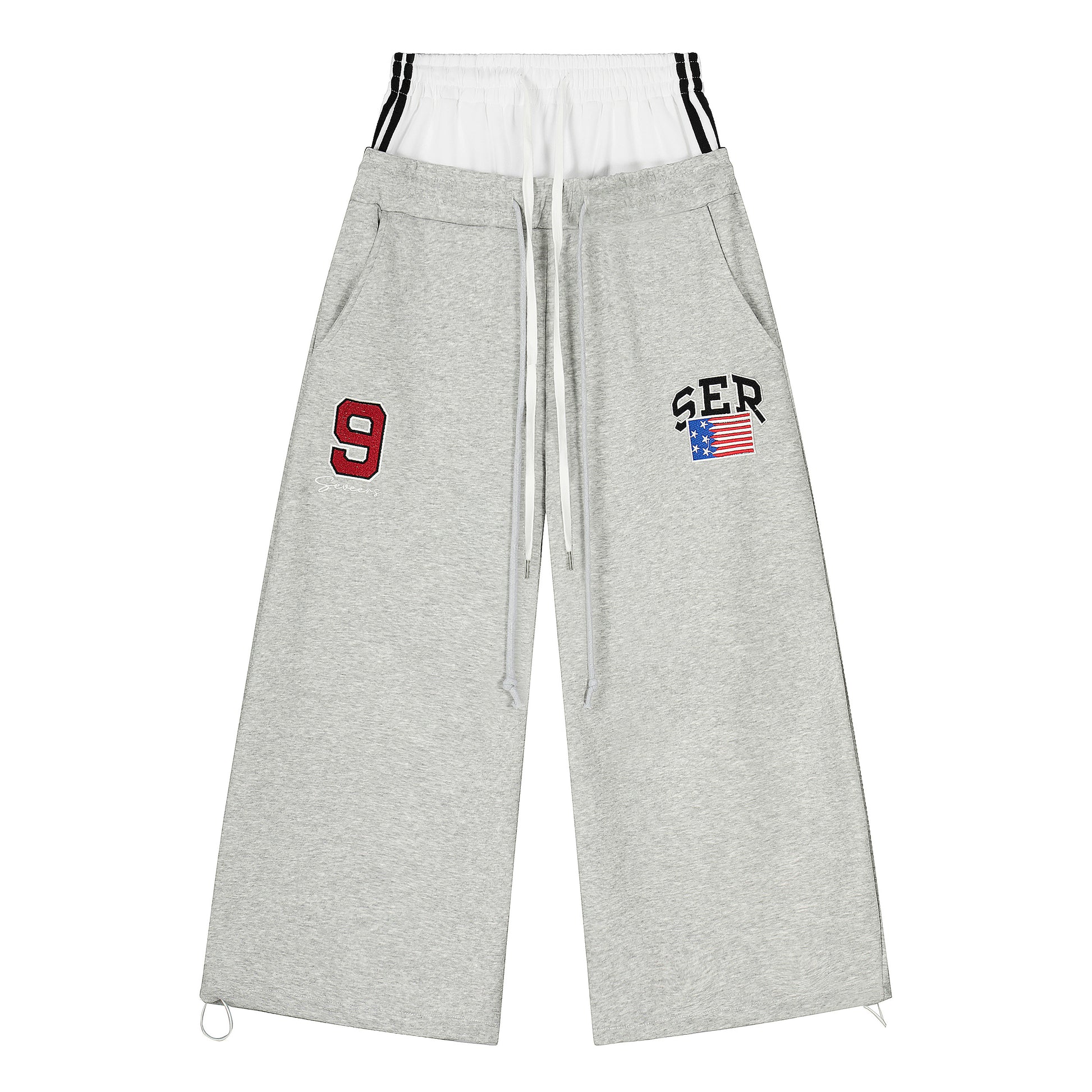 SER Number 9 Flag Embroidery Wide Leg Sweatpants - Gray Front