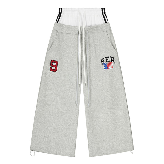 SER Number 9 Flag Embroidery Wide Leg Sweatpants - Gray Front