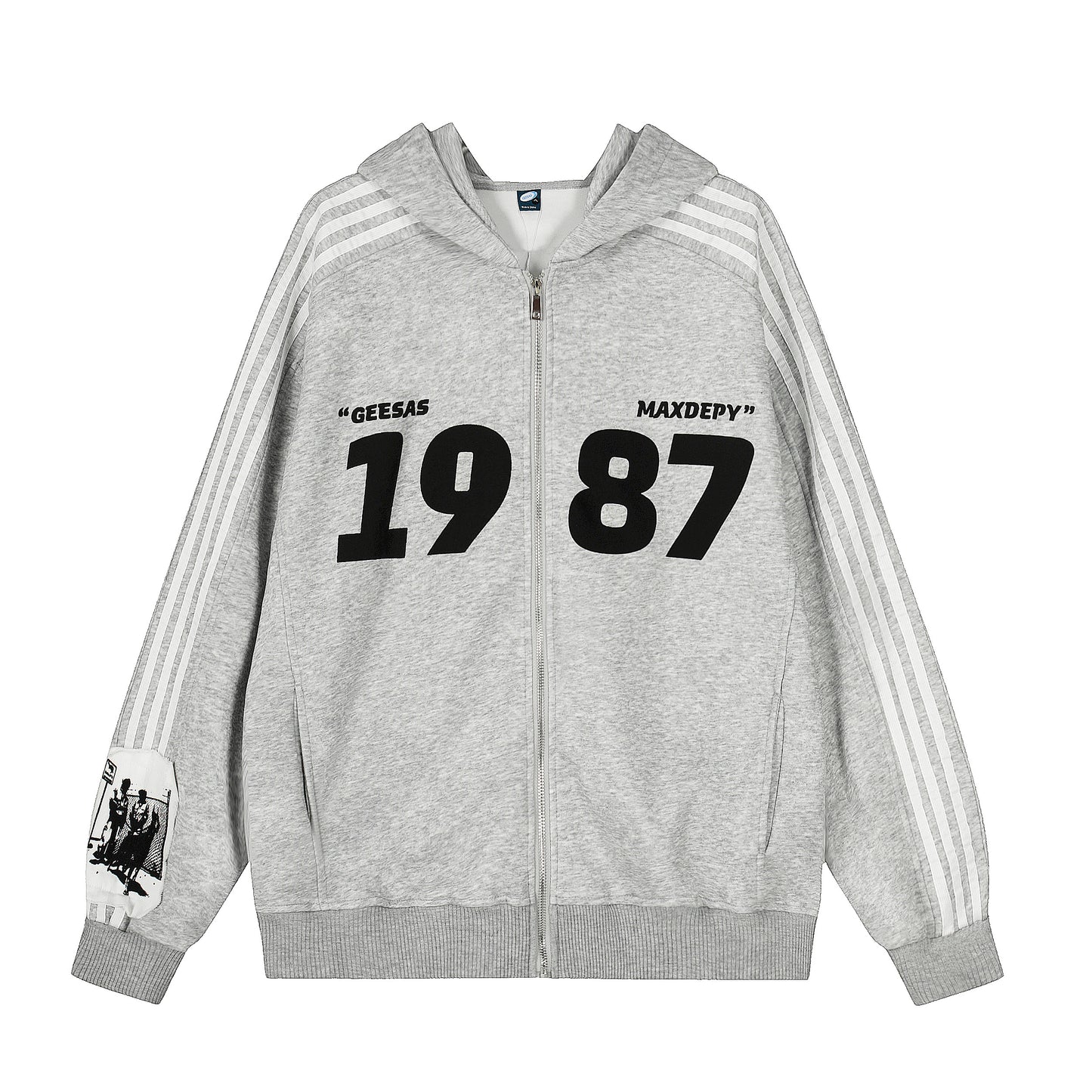 1987 graphic stripe sleeve zip hoodie jacket gray back