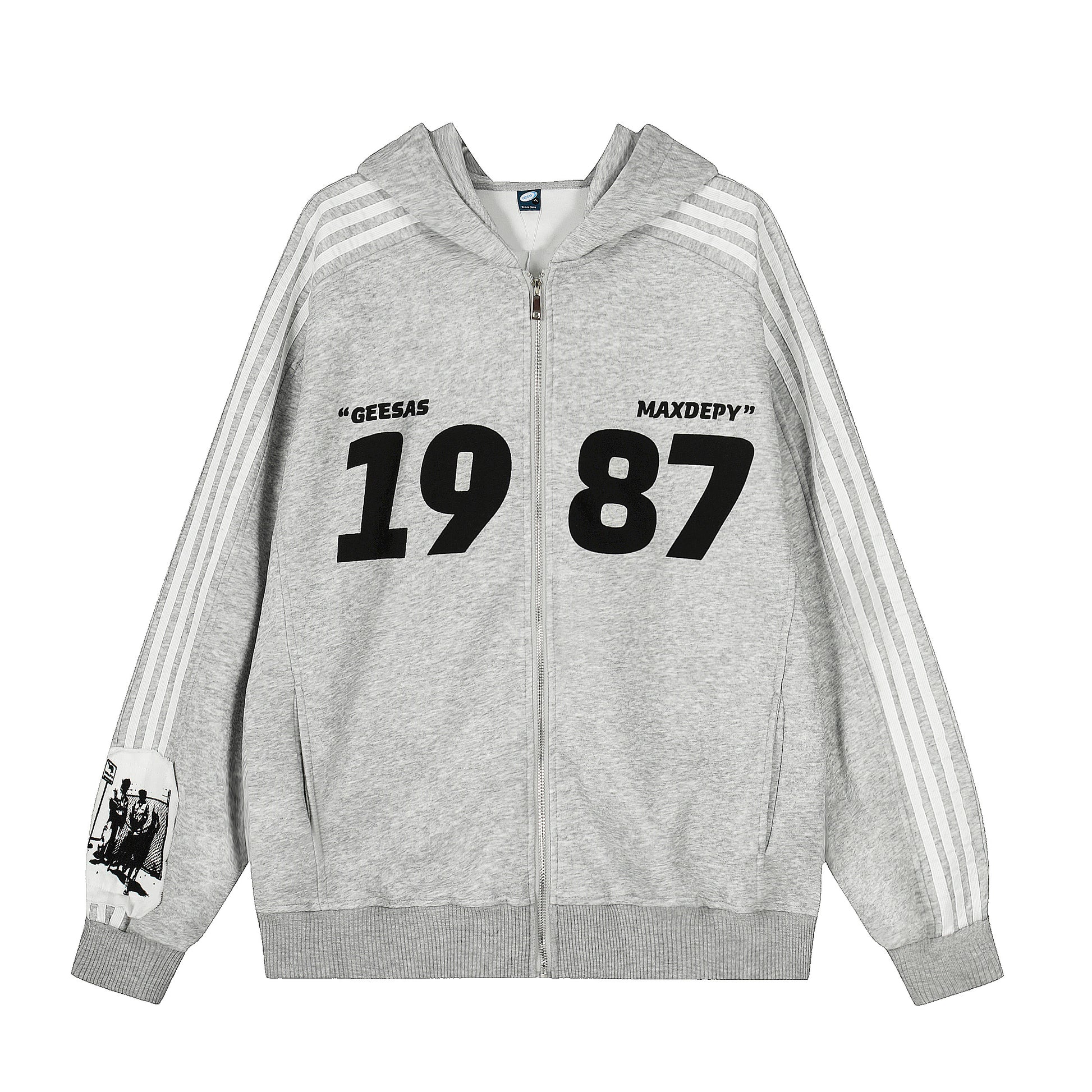 1987 graphic stripe sleeve zip hoodie jacket gray back
