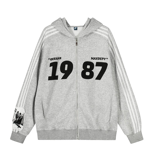 1987 graphic stripe sleeve zip hoodie jacket gray back