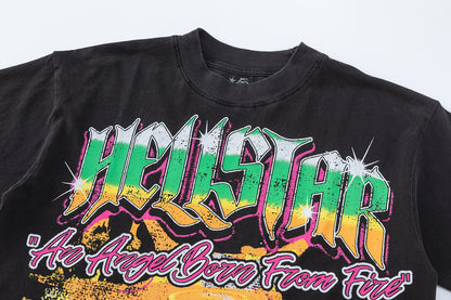 Flame Graphic Tee Pink Fire Angel Print Oversized Black Cotton Streetwear Casual Summer T-Shirt | Angel Fire