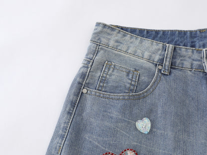 Heart Star Embroidery Patch Wide Leg Jeans Kawaii Colorful Applique High Waist Baggy Denim Pants Streetwear Barrel Trousers | Heart Scatter