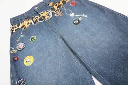 Women's RVNTENG Leopard Belt Multi-Badge Key Charm Wide Leg Denim Shorts High Waist Y2K Streetwear Jean Shorts
