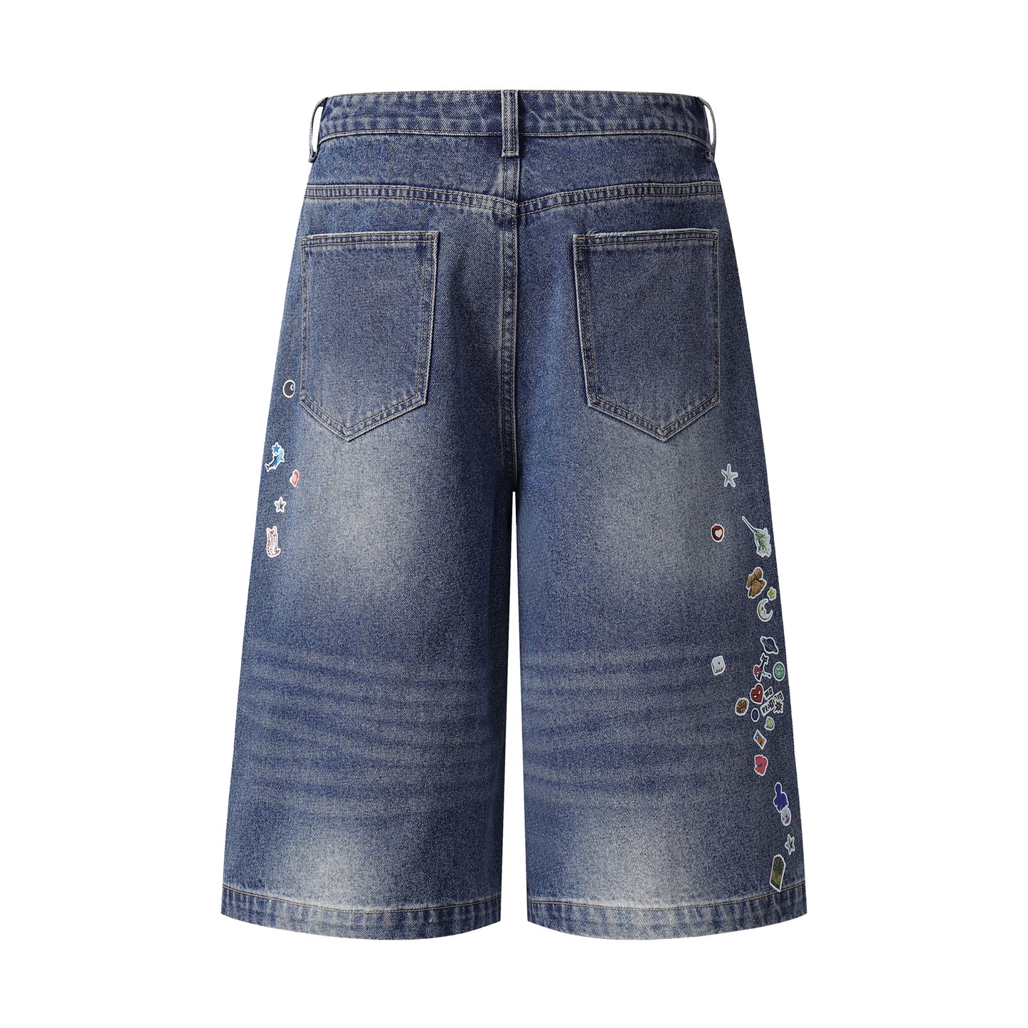 Sticker Hanky Cartoon Wide Leg Denim Shorts - Black Side