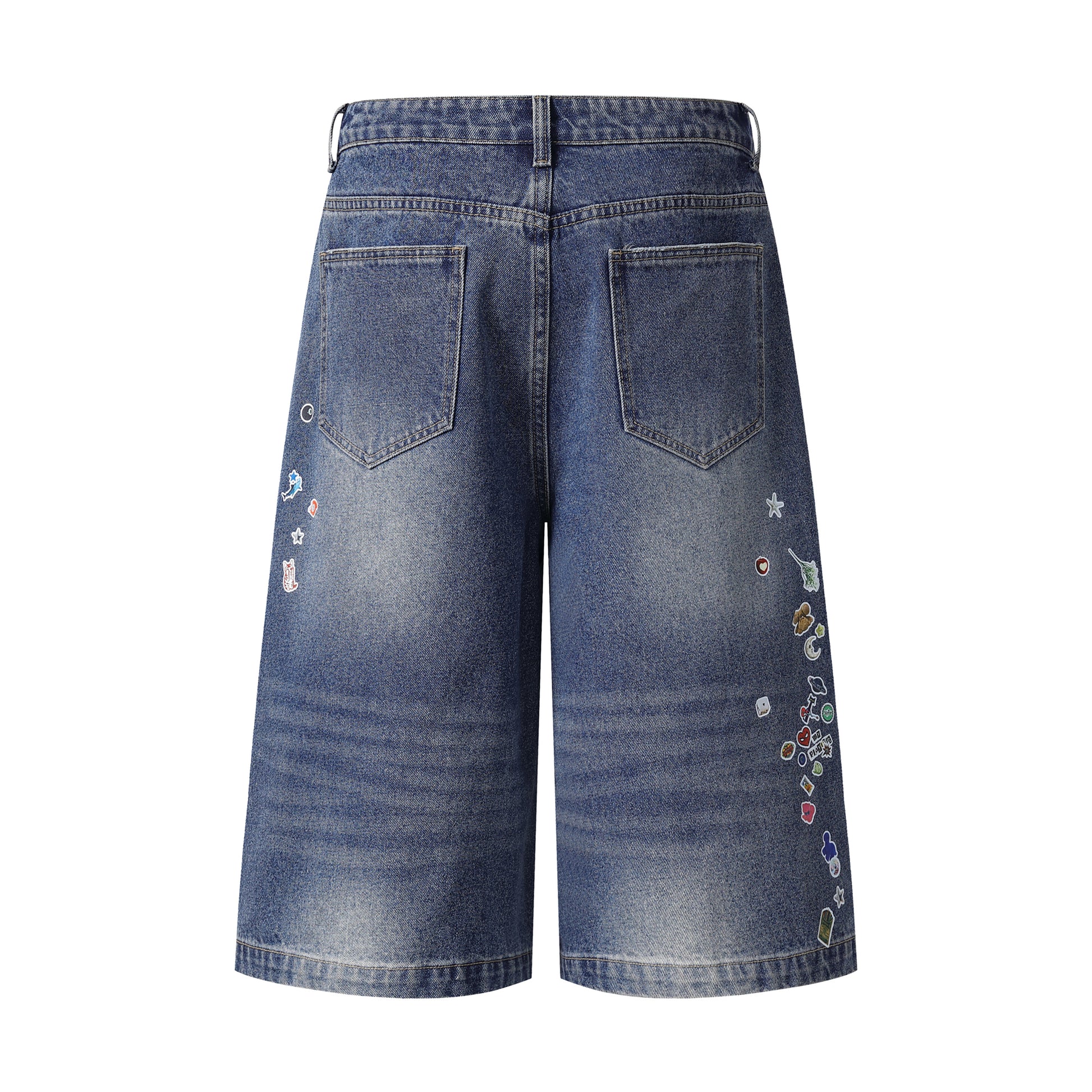 Sticker Hanky Cartoon Wide Leg Denim Shorts - Black Side