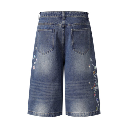 Cartoon Sticker Print Wide Leg Denim Shorts Plaid Handkerchief Waist Detail High Waist Casual Streetwear Baggy Jean Shorts | Sticker Hanky
