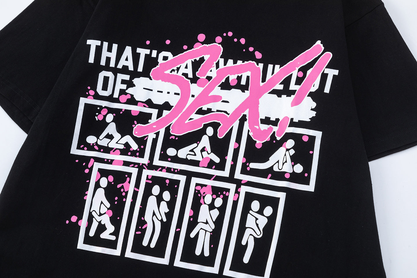 Black unisex graphic T-shirt with bold pink and white front and back prints - view 6