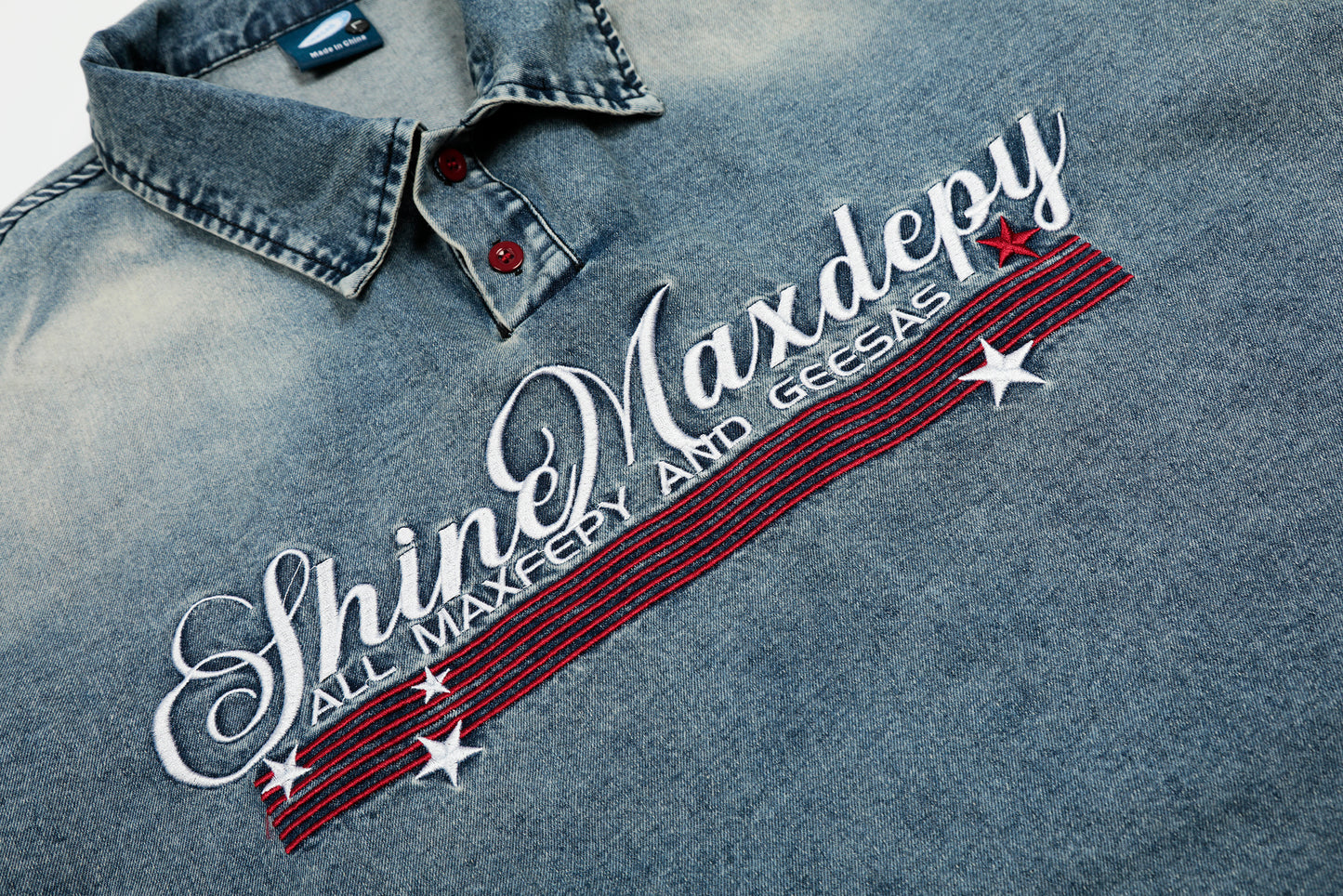 ShinMaxdepy Embroidered Letter Washed Denim Polo Shirt Oversized Short Sleeve Streetwear Y2K Vintage Summer Top | Shine Polo