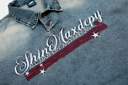 ShinMaxdepy Embroidered Letter Washed Denim Polo Shirt Oversized Short Sleeve Streetwear Y2K Vintage Summer Top | Shine Polo