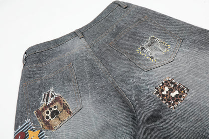 Women's Multi Patch Embroidery Charm Pendant High Waist Washed Denim Shorts Y2K Streetwear Bermuda Jean Shorts