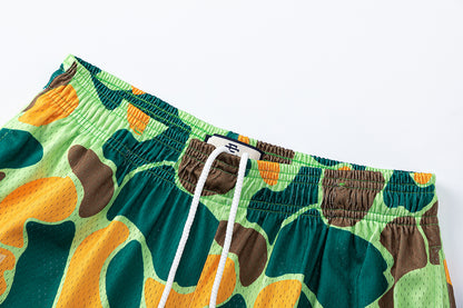 Camo Print Mesh Elastic Waist Athletic Shorts Colorblock Street Summer Beach Shorts | Lime Camo