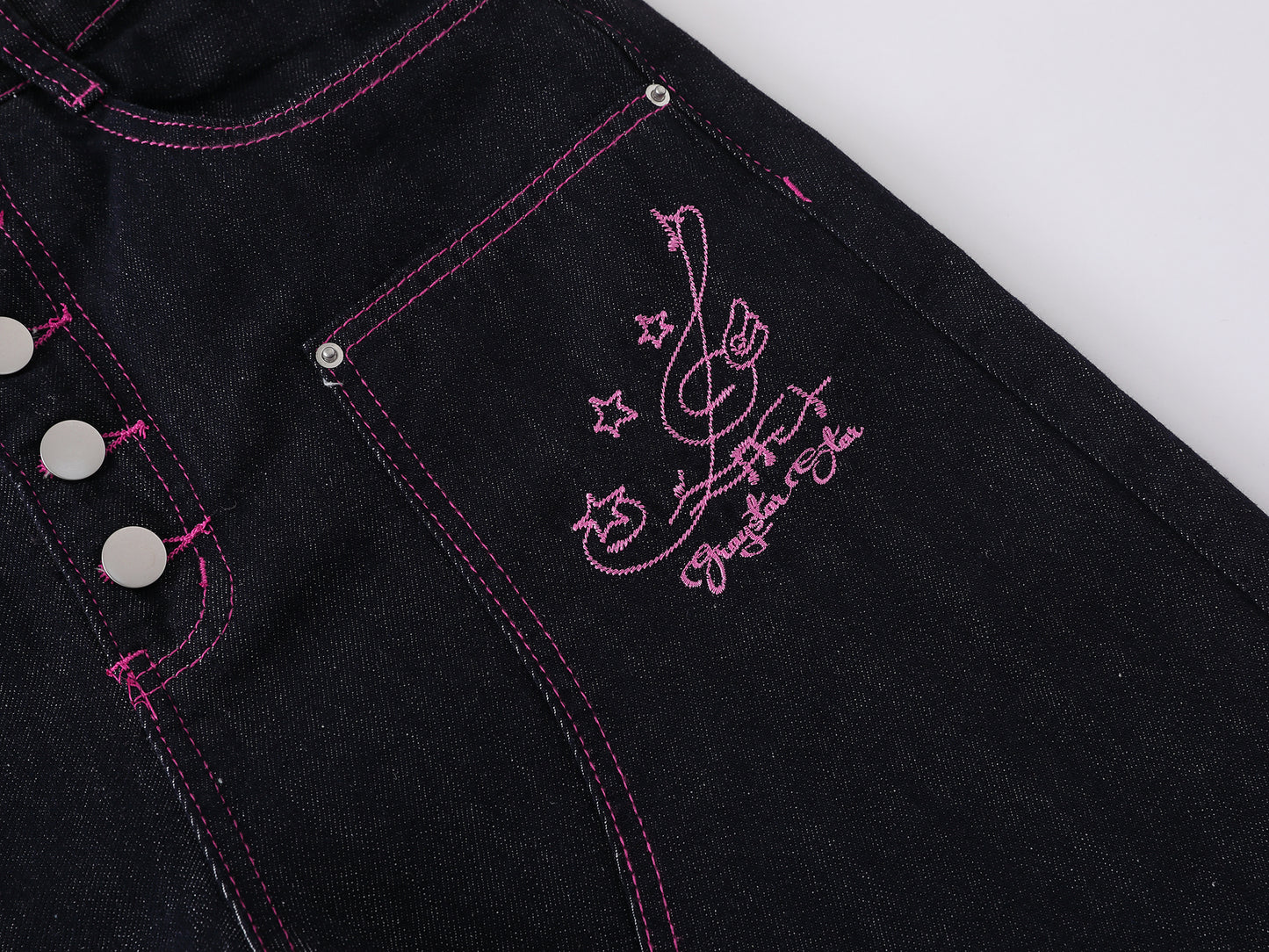 Heart Pocket Guitar Embroidery Wide Leg Denim Shorts Pink Stitch Button Fly Rhinestone Streetwear Baggy Jean Shorts | Rock Heart