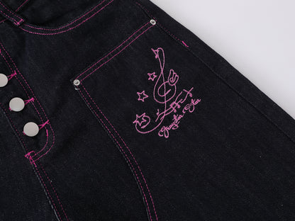 Heart Pocket Guitar Embroidery Wide Leg Denim Shorts Pink Stitch Button Fly Rhinestone Streetwear Baggy Jean Shorts | Rock Heart