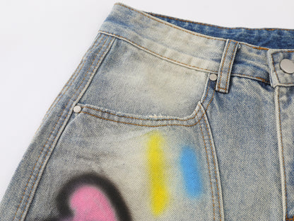Kawaii Cat Graffiti Spray Paint Wide Leg Jeans Bow Star Cartoon Print High Waist Baggy Denim Pants Streetwear Barrel Trousers | Kitty Spray