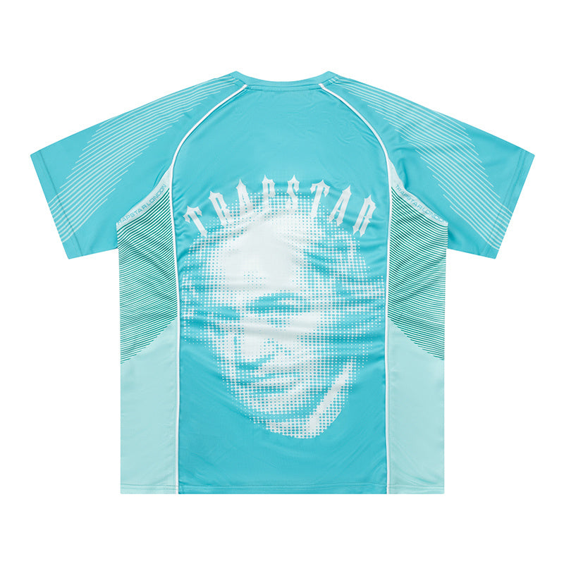 Turquoise Trapstar graphic football jersey with KidSuper Studios artwork and contrast striped panels - view 6