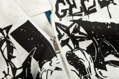 Anime Graphic Faux Fur Collar Zip Hoodie Jacket Studded Streetwear Y2K Grunge Winter Coat