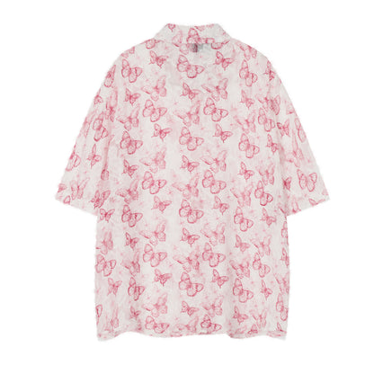 Butterfly Print Short Sleeve Shirt Oversized Button Down Sheer Floral Feminine Y2K Casual Summer Top | Flutter Bloom