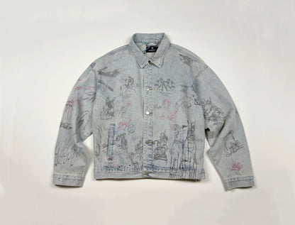 Represent Sketch Allover Print Denim Jacket Heavy Washed Distressed Oversized Short Trucker Streetwear | Rept Sketch