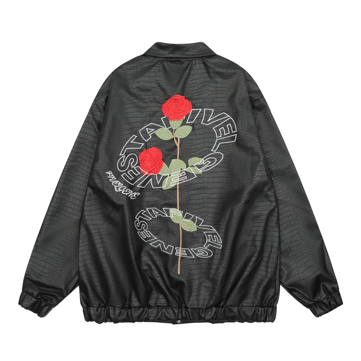Black croc jacket front FIVELGENE rose embroidery