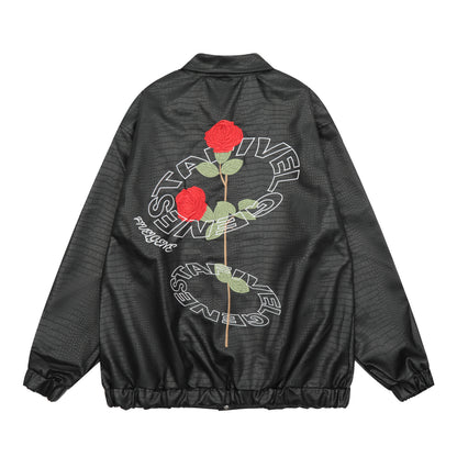 Oversized Rose Embroidery Coach Jacket Snap Button Crocodile Texture Streetwear Casual Fall Outerwear