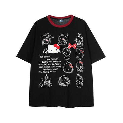Hello Kitty 3D Bow Plush Patch Graphic Tee Oversized Short Sleeve Kawaii Cute Ringer Collar Y2K Summer T-Shirt | Kitty Bow