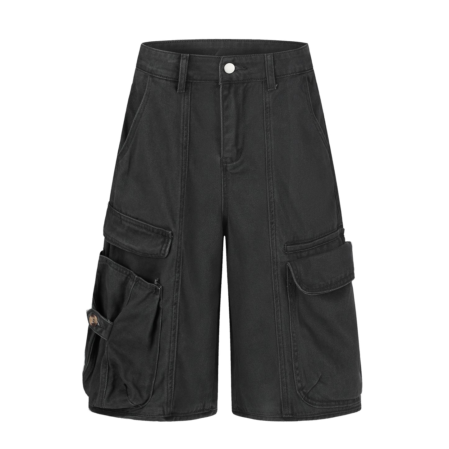 Women's Multi-Pocket Cargo Wide Leg Denim Shorts - Khaki Back Pocket Detail