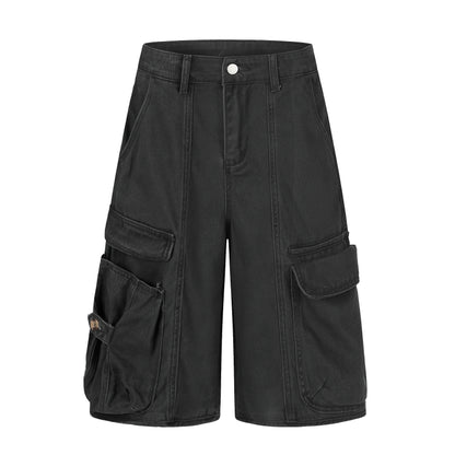 Women's Multi-Pocket Cargo Wide Leg Denim Shorts High Waist Contrast Stitch Casual Streetwear Jean Shorts