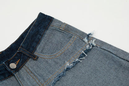 Dark Navy Waistband Raw Edge Arc Cutout Patchwork Baggy Wide Leg Jeans Deconstructed Y2K