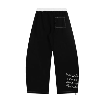 Severs Script Embroidery Contrast Waistband Wide Leg Barrel Pants Drawstring Zip Hem Streetwear
