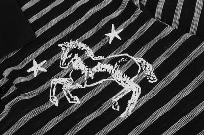 Twin Stallion Star Embroidery Stripe Polo Short Sleeve Oversized Streetwear Y2K Vintage Cotton Knit Top | Twin Stallion