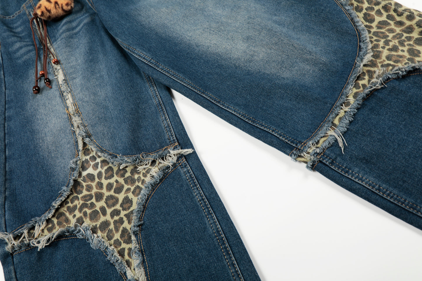 Leopard Patchwork Raw Edge Wide Leg Barrel Jeans Charm Pendant High Waist Washed Y2K Streetwear