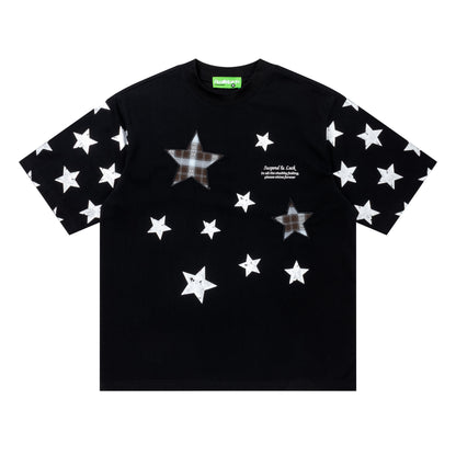 DuoMatch Suspend Luck Tartan Star Applique Oversized Tee Plaid Patch Allover Star Print Streetwear Short Sleeve T-Shirt
