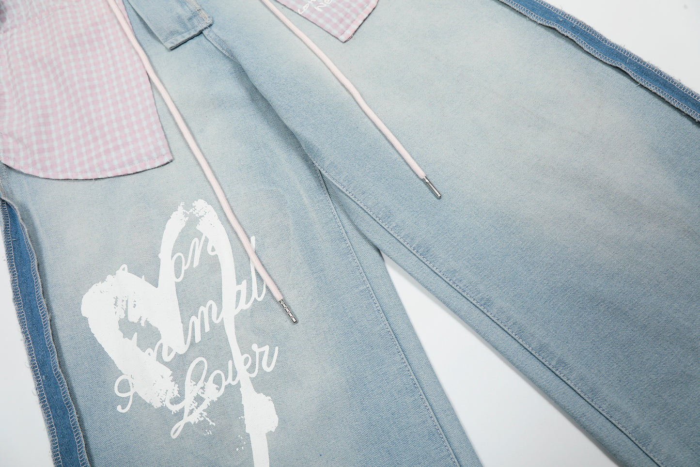 Pink Stripe Patchwork Heart Print Wide Leg Jeans Rope Tie Animal Lover Graffiti Light Wash Y2K