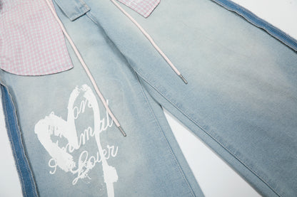 Pink Stripe Patchwork Heart Print Wide Leg Jeans Rope Tie Animal Lover Graffiti Light Wash Y2K