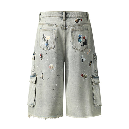 Dog Graphic Paint Splatter Cargo Denim Shorts Wide Leg High Waist Washed Multi-Pocket Streetwear Summer Casual Jean Shorts | Pup Cargo