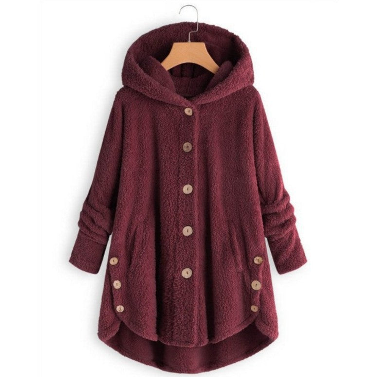 Qeaghou Thick Winter Coats for Women Causal Cute Sherpa Coats Fuzzy Fleece Warm Coats Button Down Long Sleeve Hooded Coat