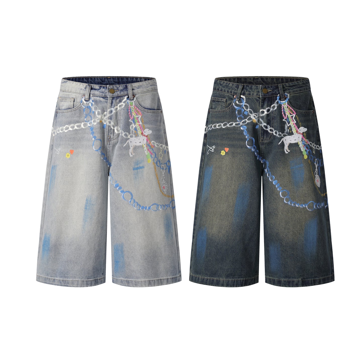 Chain graphic denim shorts light wash back view