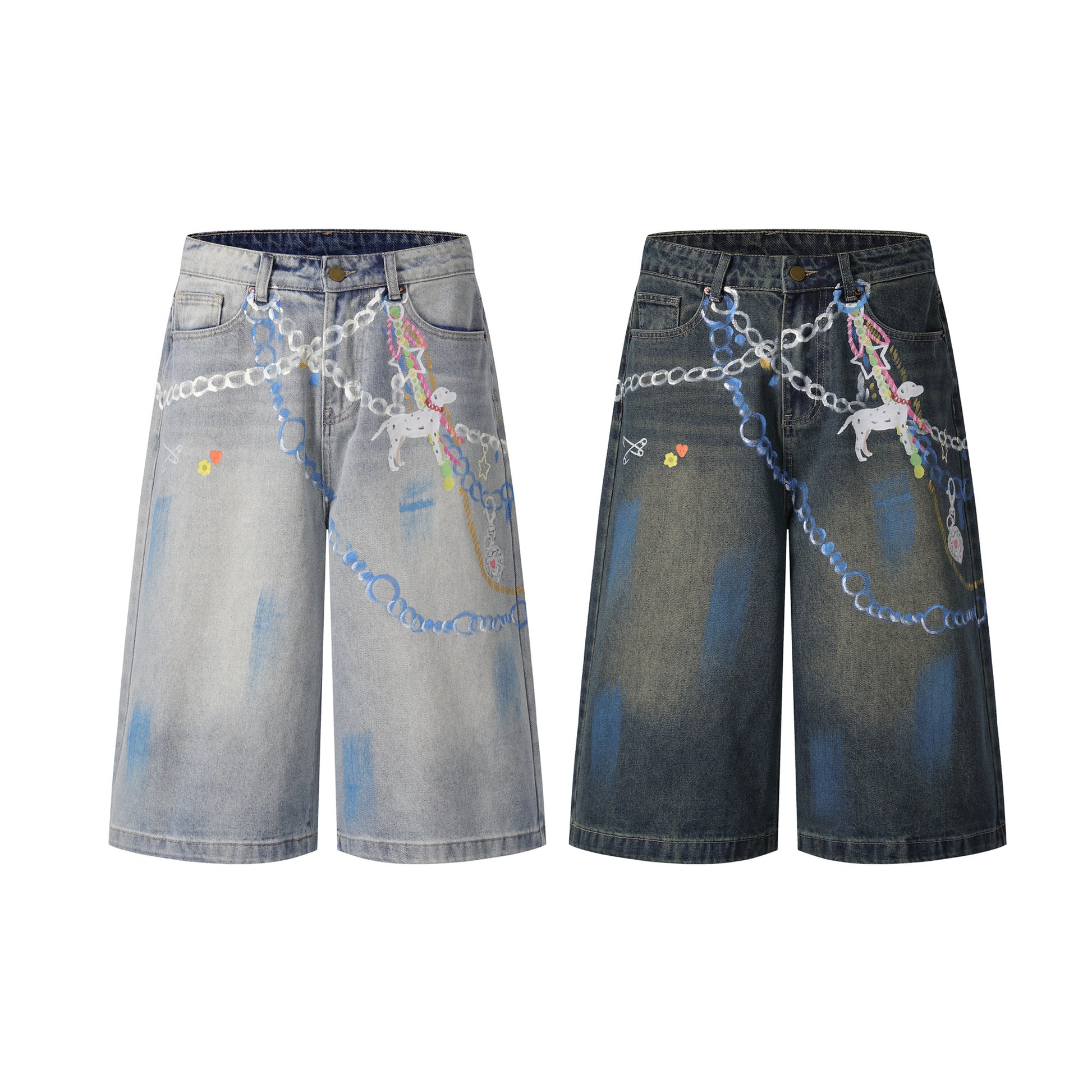 Chain graphic denim shorts light wash back view