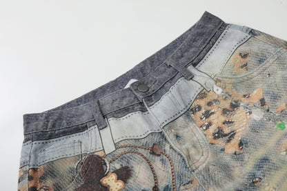 Women's Allover Graphic Print Bear Charm Chain High Waist Wide Leg Denim Shorts Y2K Streetwear Bermuda Jean Shorts
