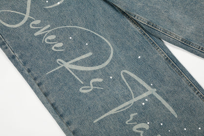 California Script Print Rhinestone Wide Leg Barrel Jeans Vintage Washed High Waist Y2K Streetwear