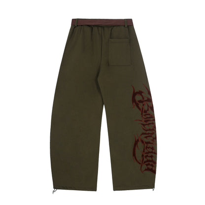 Gothic Flame Letter Print Contrast Waistband Wide Leg Barrel Pants Dual Strap Drawstring Ankle Y2K